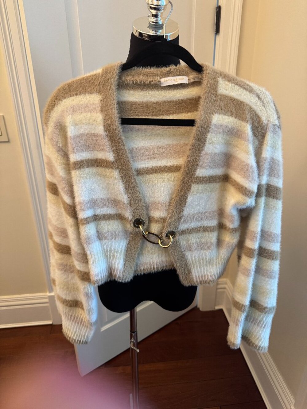 Ramy Brook Ariah Striped Fuzzy gold Link cardigan